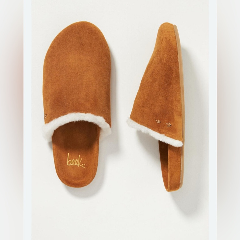 beek Tan Suede Mules with White fur trim